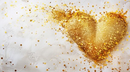   A heart-shaped bread piece, golden with sprinkles, against a white background scattered with gold flecks