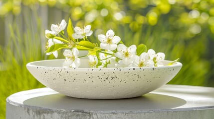   A white bowl holding white flowers sits atop a cement table, before a sprawling expanse of green...