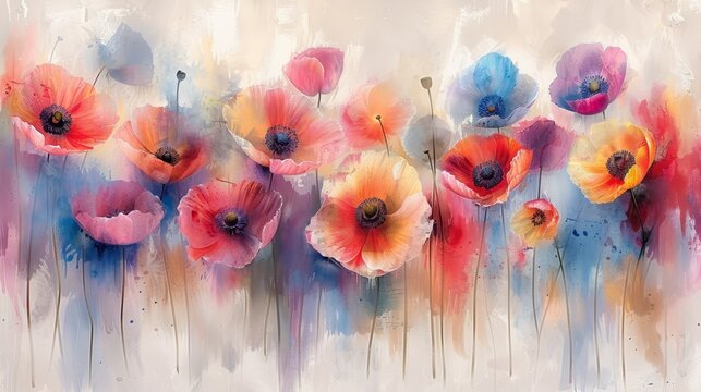   A painting featuring red, blue, and yellow flowers against a pristine white backdrop, concluded by a drip of paint at its base