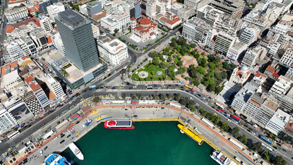 Aerial drone photo from famous busy port of Piraeus and new renovated landmark skyscraper Tower of...