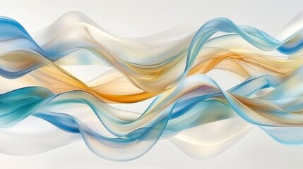   A painting of a blue, yellow, and white wave against a white backdrop