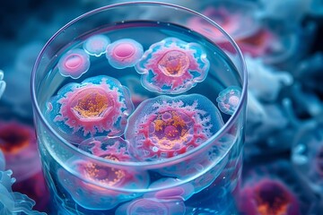 An illustration of a glass beaker filled with a blue liquid and pink and purple jellyfish-like organisms