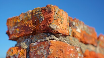   A tight shot of a weathered brick wall, sporting rust, against a backdrop of a clear blue sky in the photograph - Powered by Adobe