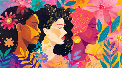 A vibrant and colorful illustration of women from different ethnicities standing together,