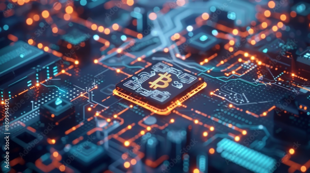 Poster A physical bitcoin placed on top of a computer chip, symbolizing the intersection of cryptocurrency and technology.