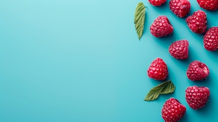   A group of raspberries with leaves against a blue backdrop - text or image insert here