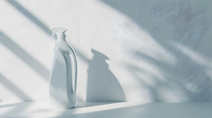 Mockup of white atomizer packaging standing on a plain white background with white sunburst, empty space for text. Background image, banner