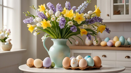 Home interior with easter decor. Spring flowers in a vase and easter eggs on a light background