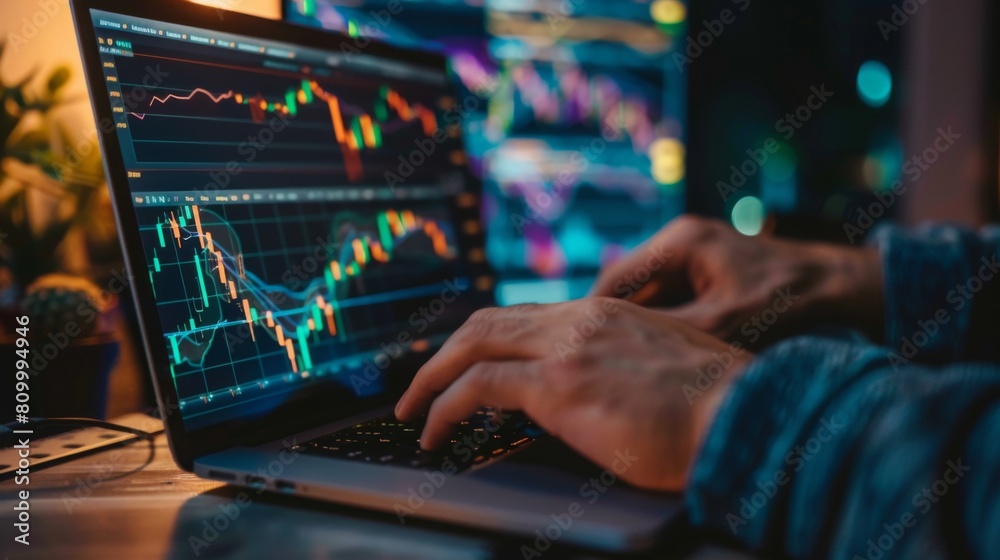 Poster A person is examining complex financial data on multiple monitors in a dark office setting.
