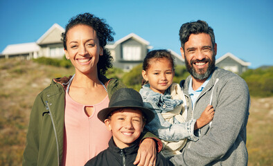 Holiday, house and outdoor portrait of family with smile, nature and bonding together on travel adventure. Mom, dad and children on summer vacation in backyard with blue sky, happy face and sunshine