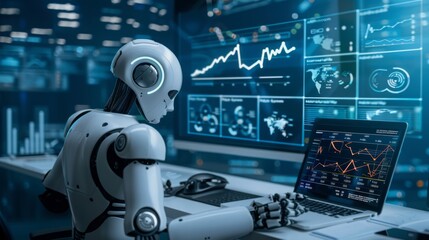 Fototapeta premium A humanoid robot sits at a desk, examining financial charts on a laptop and digital displays.