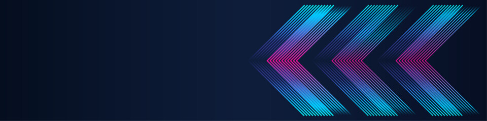 Abstract horizontal futuristic technology banner with glowing blue pink geometric lines pattern. Modern shiny 3d arrow shape on dark background.