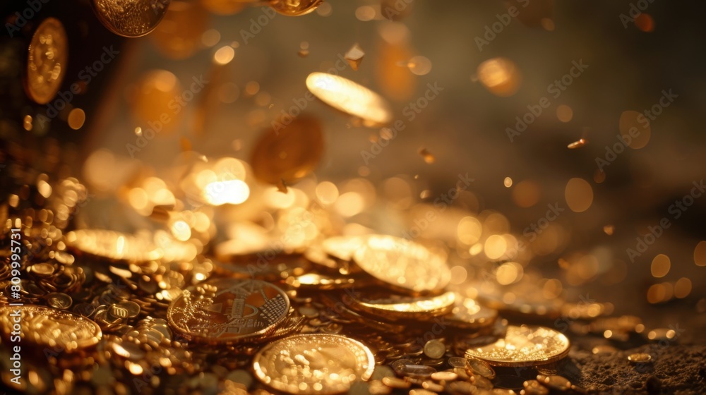Poster A collection of gold coins spread out with some in focus, gleaming as they catch the light.