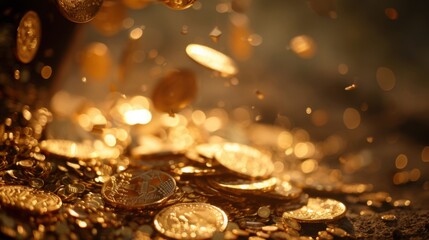 A collection of gold coins spread out with some in focus, gleaming as they catch the light.