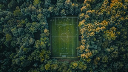   A soccer field is centrally located within a forest, as viewed from above