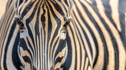   A tight shot of a zebra's face with a faintly blurred depiction of its rear head