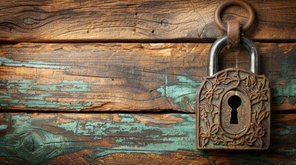   A tight shot of a padlock securing a wooden door, accompanied by a chain and additional padlock on its adjacent side