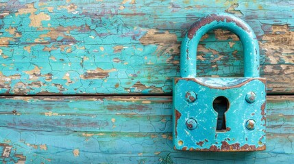   A tight shot of a blue padlock on a weathered wooden door An aged rusted padlock secures the outer side