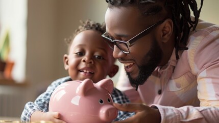 A man is holding a pink piggy bank next to a child, teaching financial literacy and promoting saving habits from a young age.