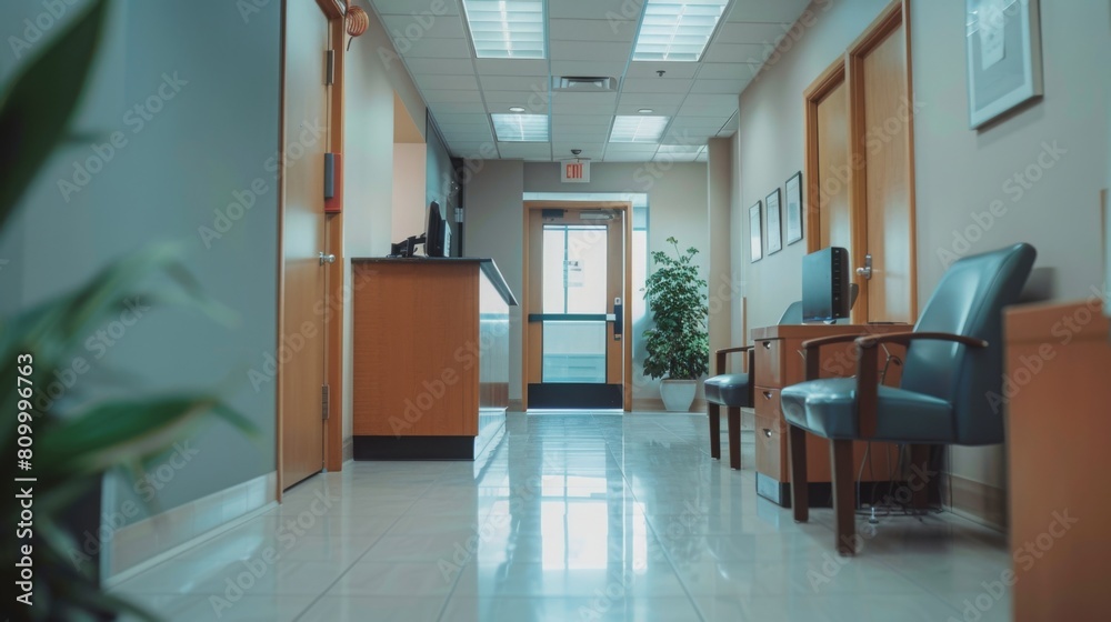 Poster a straight corridor with multiple chairs lined against the walls and a desk placed at the end.