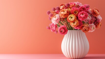   A white vase, brimming with an abundant arrangement of pink and orange blossoms, sits against a soft pink backdrop Behind it, a pink wall continues the monoch