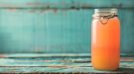   A glass jar, brimming with orange liquid, rests atop a weathered wooden table Nearby, a teal blue wall provides a vivid contrast
