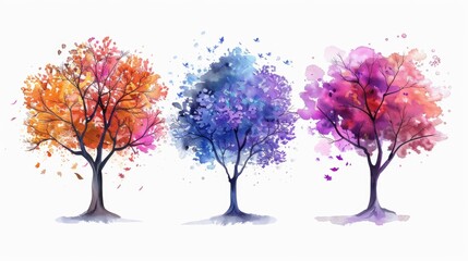 A group of four trees painted in different colors. Suitable for various design projects