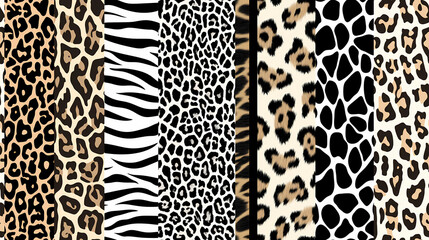 Animal skin seamless pattern. Leopard, leopard, cheetah, jaguar, cheetah, leopard, cheetah, giraffe. Vector illustration