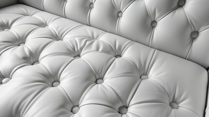   A tight shot of a white leather couch with button-detailed backs on both its seat and backrest