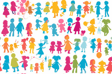 Seamless pattern with silhouettes of children on a white background