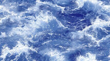   A tight shot of a blue ocean with white frothy waves and an expansive blue sky dotted with a distant plane