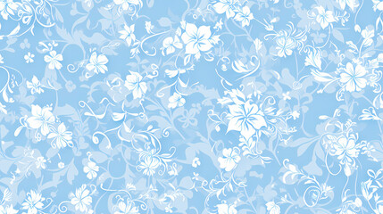 Seamless pattern with flowers and leaves on a light blue background