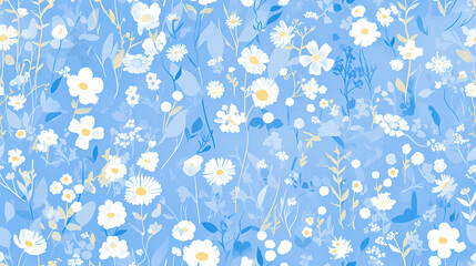 Seamless pattern with flowers and leaves on a blue background.