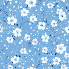 Seamless floral pattern with white flowers on a blue background.