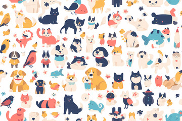 Seamless pattern with cute cartoon dogs and cats. Vector illustration