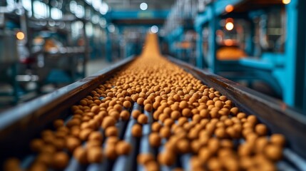 Fototapeta premium Conveyor belt with fresh brown eggs in processing plant