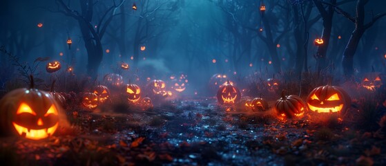 Halloween, dark spooky forest path, lined jack-o-lanterns, spooky night scary
