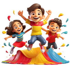 cartoon character happy kids jumping in colorful rainbow paint.Isolated white.PNG
