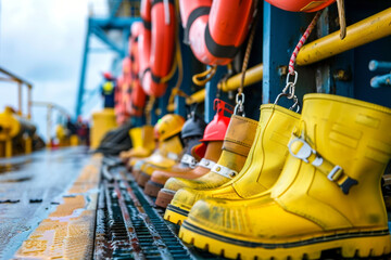 Safety gear lined up on an offshore platform, ready for the days operations, a testament to the industrys focus on worker safety 