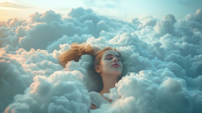 Be on cloud nine concept, serene woman floats among clouds, expression pure bliss, perfectly capturing concept cloud nine,