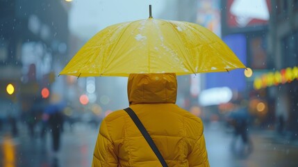  A person dons a yellow raincoat and wields a yellow umbrella amidst the pouring rain on a city street, shrouded in darkness