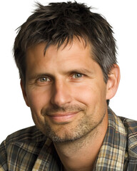 Obraz premium Confident businessman with short dark hair smiles in a casual headshot portrait isolated on white background