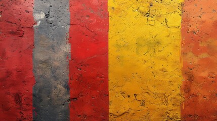   A wall painting featuring vertical red, yellow, and blue stripes; chips evident in parts