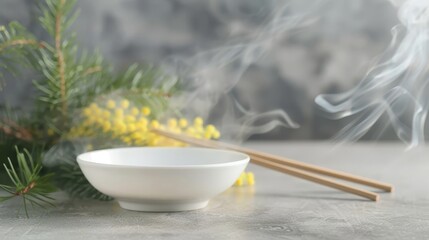   A white bowl sits atop a table, accompanied by two chopsticks and a pot of vibrant yellow flowers