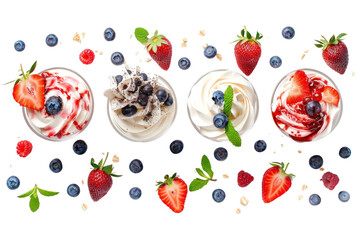 A row of desserts with strawberries and blueberries on top, national strawberry sundae day, illustrations, clipart, isolate transparent background. - Powered by Adobe