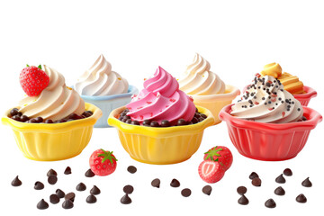 A row of colorful cupcakes with whipped cream and strawberries on top, national strawberry sundae day, illustrations, clipart, isolate transparent background.