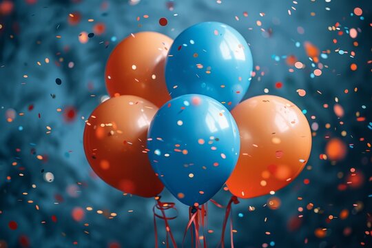 This image captures a vibrant group of balloons amid falling confetti, perfect for celebrations and special occasions