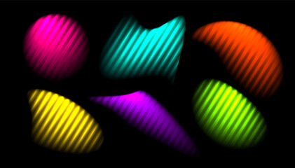 Corrugated neon shapes ribbed glass effect. Set abstract colorful liquid gradient blur shape. Vibrant abstract element prism effect black background. Vector illustration