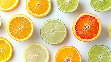   Oranges, limes, and grapefruits halved on a white backdrop