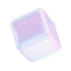 3d cube with noise gradient hologram effect. Halftone gradation square figure. Y2k holographic shape gritty grain texture. Stipple vector illustration of noise cubes of colored dots.